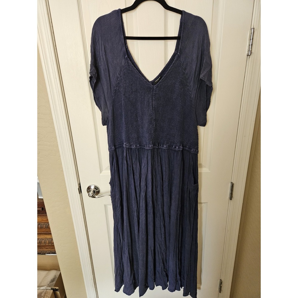 Torrid Blue Smocked Top Short Sleeve Side Pockets Gauze Midi Dress, Plus Sz. 4X - Picture 3 of 12